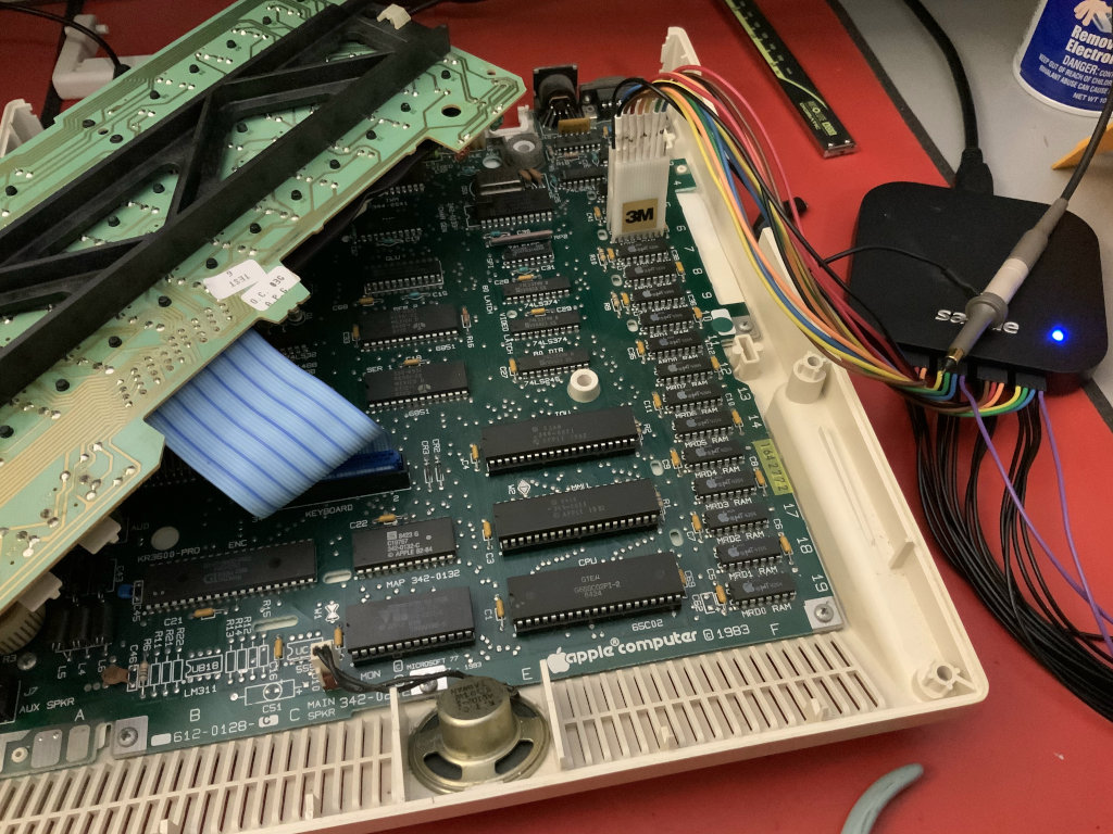 Apple IIc RAM with logic analyzer attached to DRAM chip